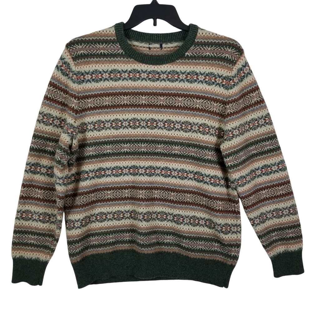 J. Crew Mens Fair‎ Isle Crewneck Sweater Green Brown Lambswool Blend Sz M